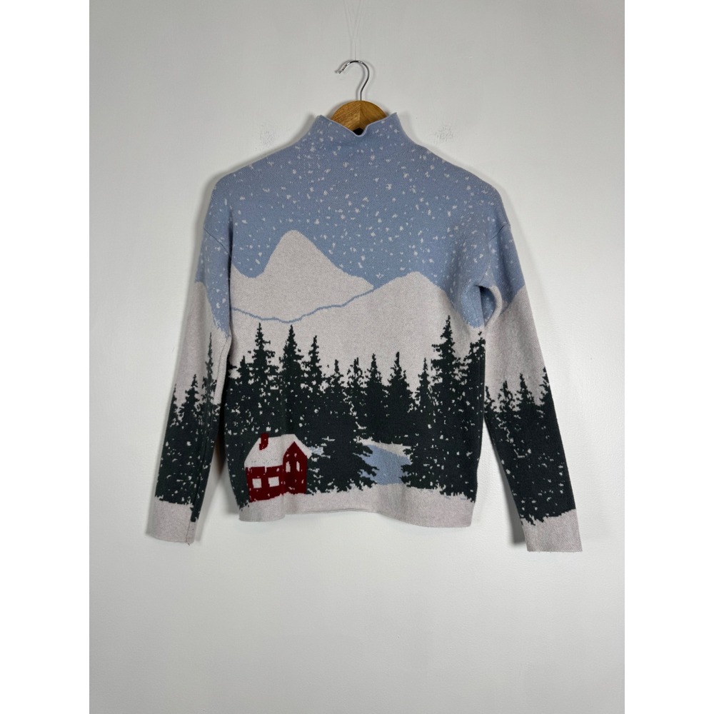 Winter Cabin Tahari Women XS Mock Neck Sweater Blue Mountain Landscape Scenic